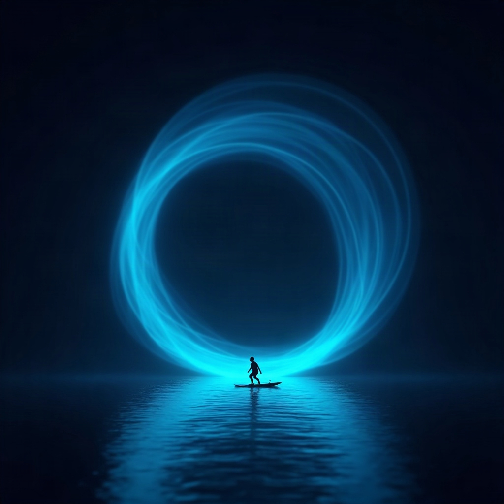 A surfer silhouette riding an infinity loop of cyan light — flow state, illustrated