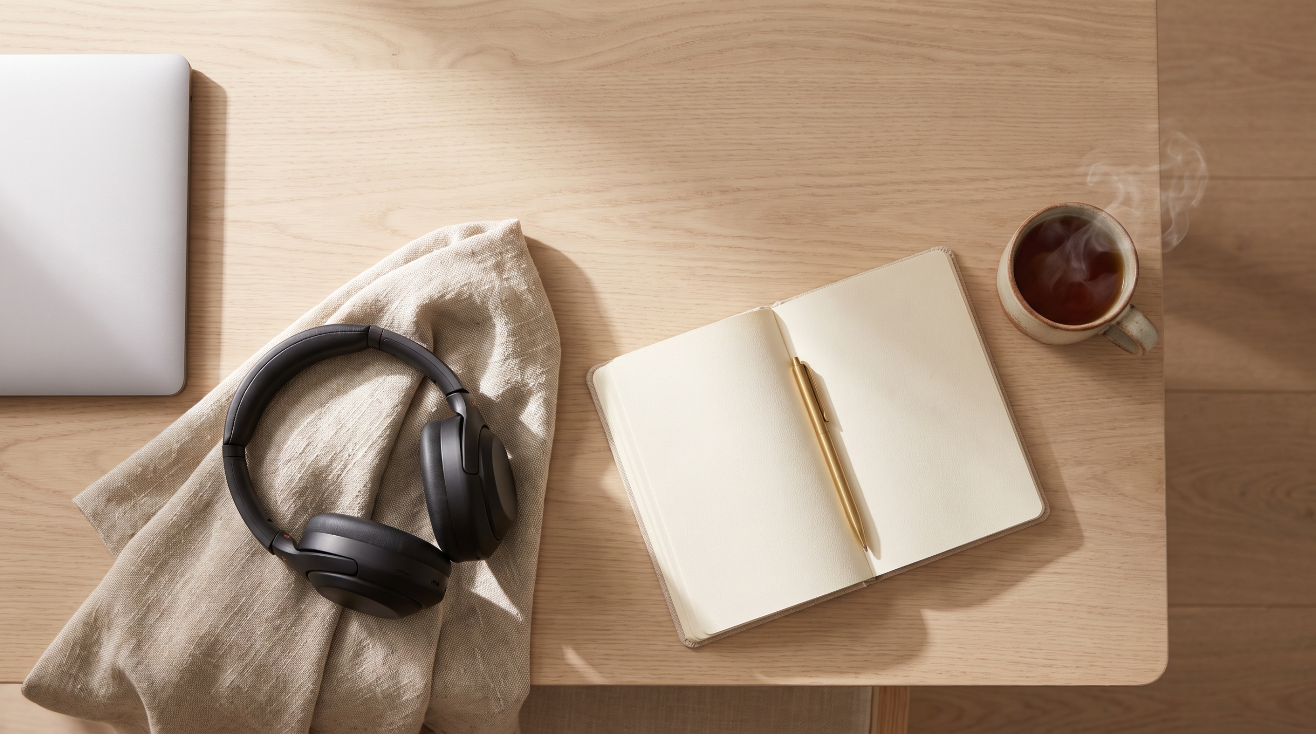 Overhead view of a minimalist desk with headphones, journal, and warm neutral tones, a focus conditioning setup