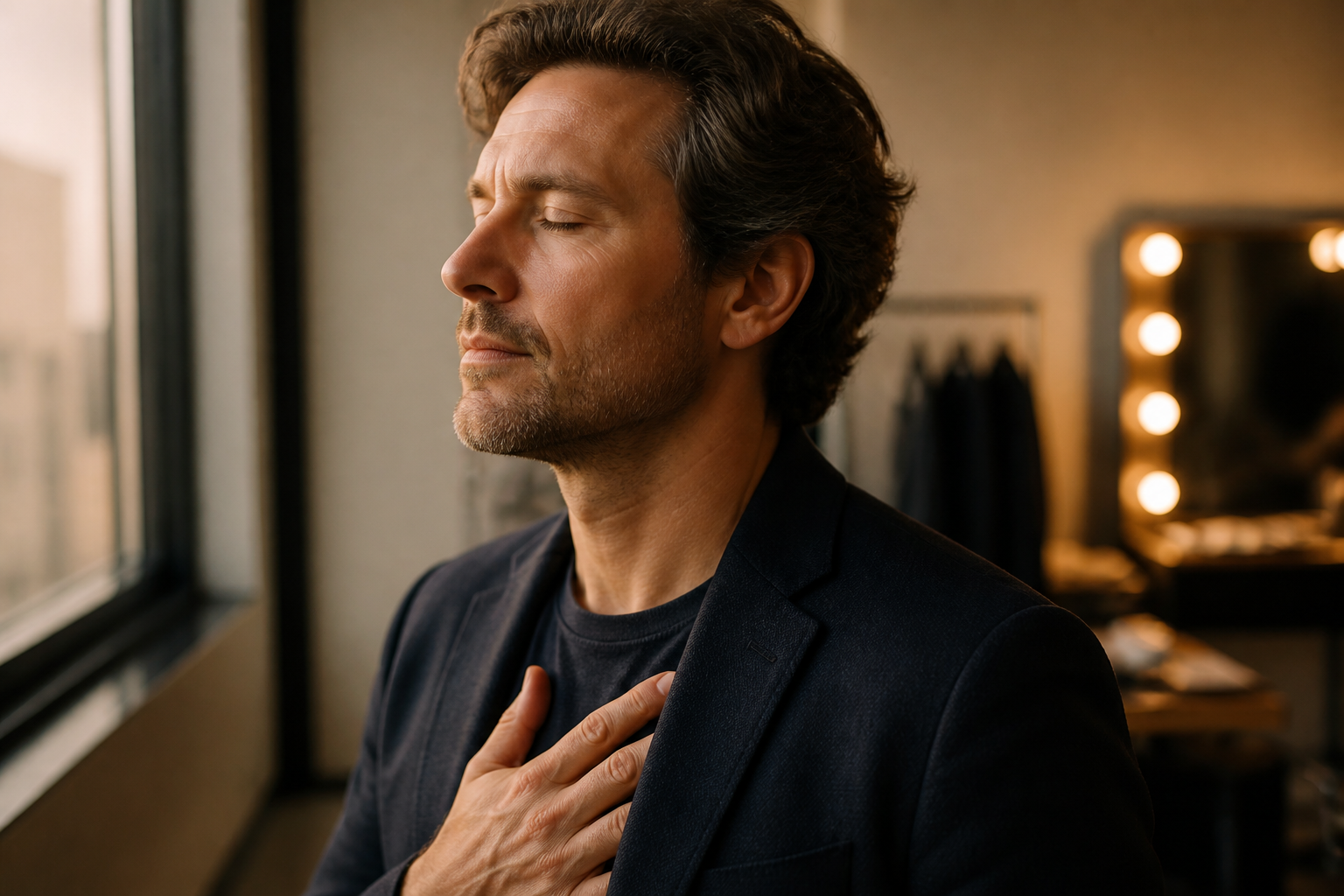 Professional backstage taking a slow grounding breath with eyes closed and hand on chest