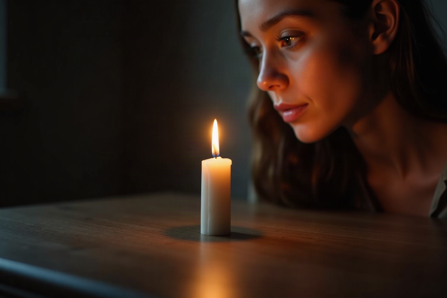Close-up of a lit candle flame on a dark wooden desk at dawn as a person fixes a soft gaze on it