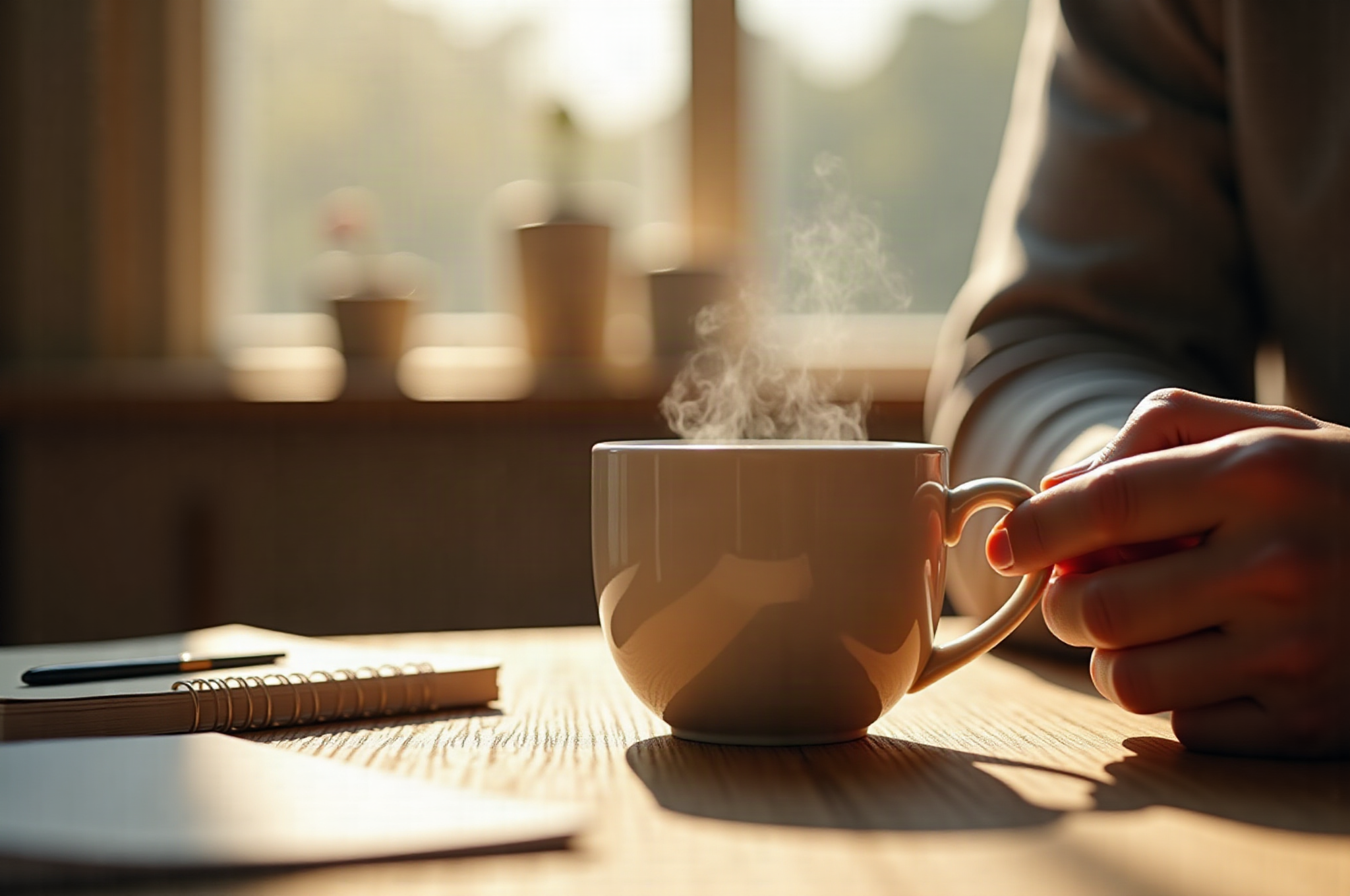 Hands wrapped around a warm ceramic tea mug on a sunlit wooden table, replacing the hand-mouth vaping ritual