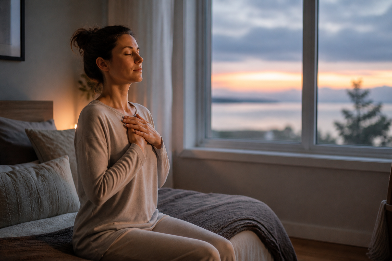 Woman sitting on the edge of her bed at dawn, eyes closed, hands on chest, breathing slowly — morning anxiety reset