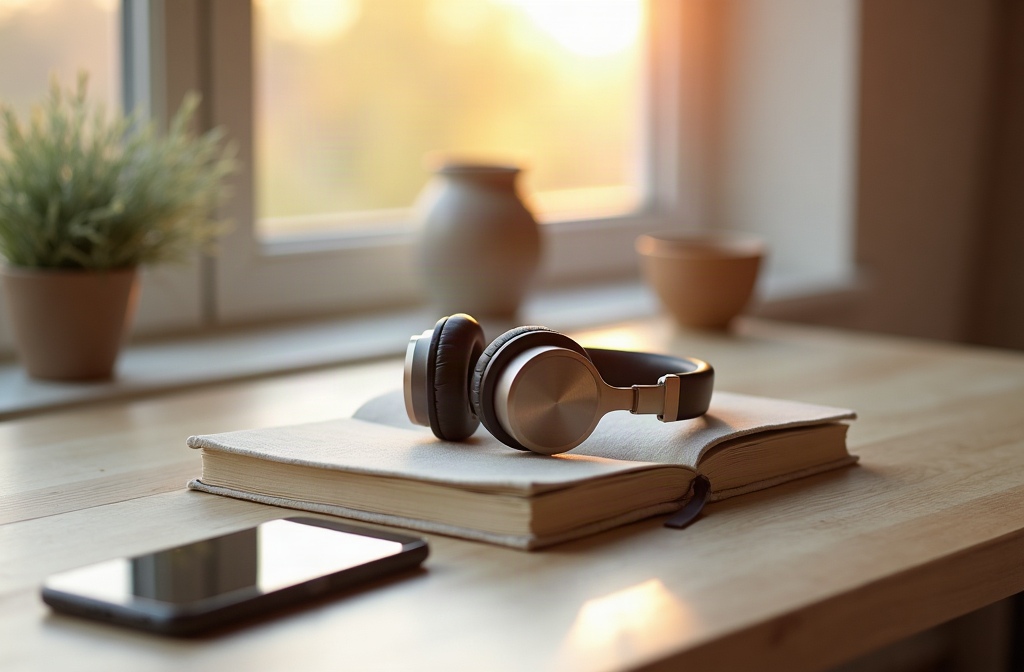 Over-ear headphones on a closed notebook beside a window with soft morning light, a face-down phone blurred at the desk's edge